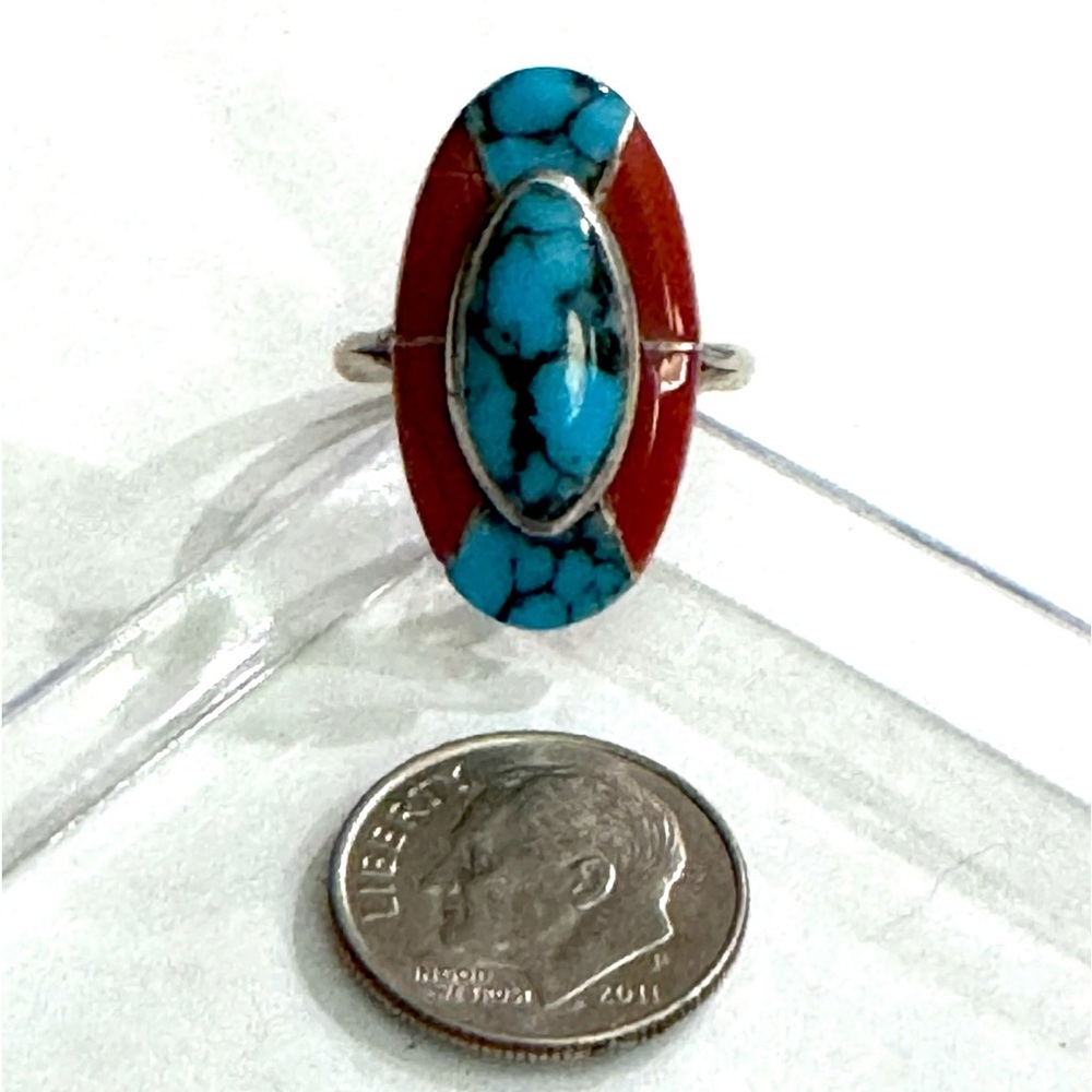 Signed - Fred Maloney,Navajo. Vntg Turquoise, Mediterranean Red Coral Inlay Ring